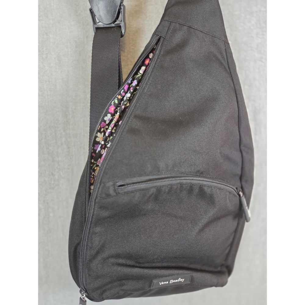 Vera Bradley Black Nylon Canvas Sling Backpack w/Padding Multi Floral Lined - Picture 3 of 10